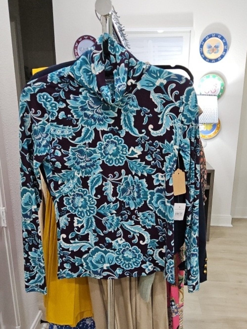 Ann Taylor Teal Floral Long Sleeve Top on Wine Background - Picture 1 of 2